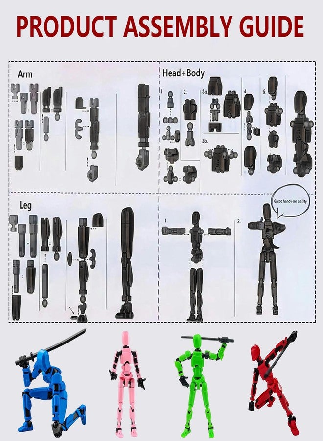 Ramoni 4 Pcs T13 Action Figure, 1/14 Scale, 3D Printed, Multi Articular, 30+ Joints, Red, Blue, Pink, Green - Image 5